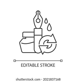 Ink pen refill linear icon. Reusable cartridge for writing instrument. Retro school supply. Thin line customizable illustration. Contour symbol. Vector isolated outline drawing. Editable stroke