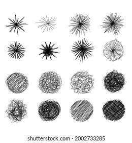 Ink pen round scrawl collection - various circle shapes of hand drawn scribble line drawings. Vector illustration set of doodle grunge frames with editable strokes. Scratchy pattern badges.