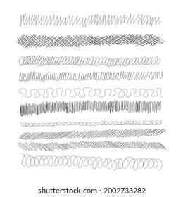 Ink pen scrawl borders collection - various rows of hand drawn scribble line drawings. Vector illustration set of doodle grunge frames with editable strokes. Scratchy pattern strings.