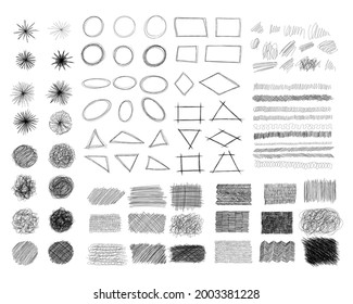 Ink pen scrawl collection - various shapes of hand drawn scribble line drawings. Vector illustration set of doodle grunge frames with editable strokes. Scratchy pattern badges.