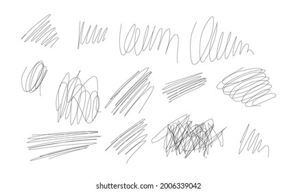 Ink pen scrawl collection - various shapes of hand drawn scribble line drawings. Vector illustration set of doodle grunge frames with editable strokes. Scratchy pattern badges.