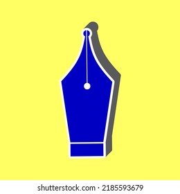 Ink Pen sign. Blue Icon with white stroke in 3d at yellow Background. Illustration.