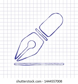 ink pen, simple icon. Hand drawn picture on paper sheet. Blue ink, outline sketch style. Doodle on checkered background