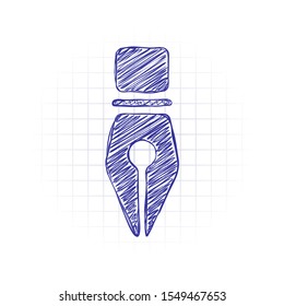 ink pen, simple icon. Hand drawn sketched picture with scribble fill. Blue ink. Doodle on white background
