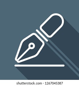 ink pen, simple linear outline icon. White flat icon with long shadow on blue background