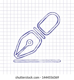ink pen, simple linear outline icon. Hand drawn picture on paper sheet. Blue ink, outline sketch style. Doodle on checkered background