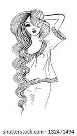 Ink pen sketch of a beautiful girl, vector illustration.