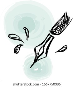 Ink pen sketch cartoon  vector illustration on the background of blue watercolor spots. Doodle hand draw style.