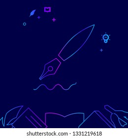Ink Pen Vector Line Illustration. Writing, Authors or Education Gradient Icon, Symbol, Pictogram, Sign. Dark Blue Background. Light Abstract Geometric Background. Related Bottom Border