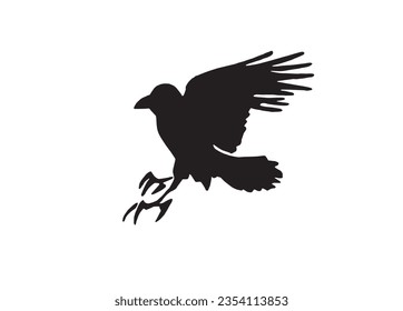 Ink pen vector silhouette of crow isolated on white background. Element for design,tattoo and printing