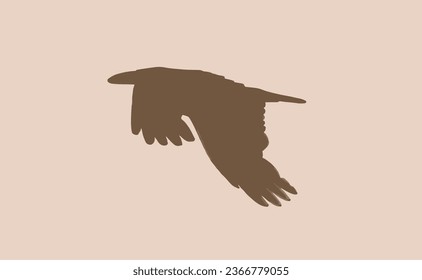 Ink pen vector silhouette of crow on sepia background. Vintage illustration