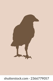 Ink pen vector silhouette of crow on sepia background. Vintage illustration