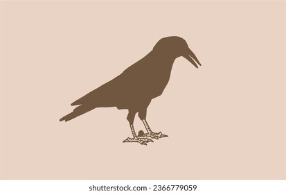 Ink pen vector silhouette of crow on sepia background. Vintage illustration