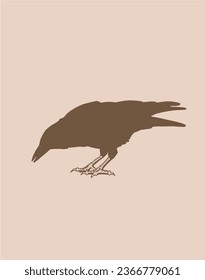 Ink pen vector silhouette of crow on sepia background. Vintage illustration