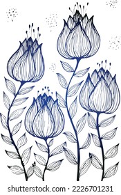 Ink, pencil, black and white flower sketch.Transparent background. Hand drawn nature painting. Freehand sketching illustration.