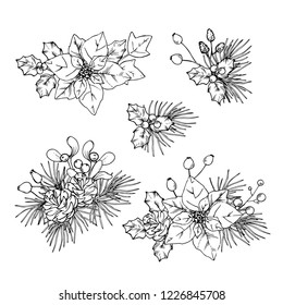 Ink, pencil,  Christmas decor vector set.Transparent background. Hand drawn nature painting. Freehand sketching illustration. 