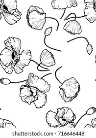 Ink, pencil,   flowers seamless  pattern. Line art transparent background. Hand drawn nature painting. Freehand sketching illustration. 