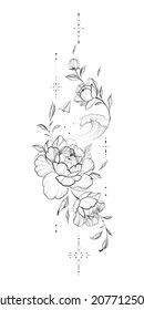 Ink, pencil, the leaves and flowers of Peonies. Line art transparent background. Hand drawn nature painting. Freehand sketching illustration.