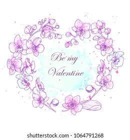 Ink, pencil, Orchid flower sketch. Line art background. Hand drawn nature painting. Freehand sketching illustration.