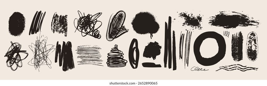 Ink, pencil pen, paint, crayon brush strokes. Grunge texture set. Different shapes, curly chaotic spiral strokes. Abstract doodle style. Hand drawn modern Vector illustration. Isolated design elements