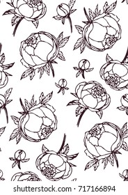 Ink, pencil,  peony flowers seamless  pattern. Line art transparent background. Hand drawn nature painting. Freehand sketching illustration. 