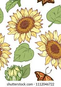 Ink, pencil, vector  the leaves and flowers of sunflowers seamless  pattern. Line art transparent background. Hand drawn nature painting. Freehand sketching illustration. 