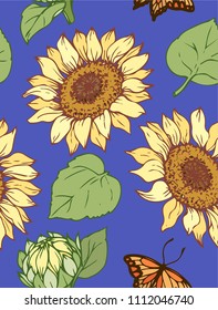 Ink, pencil, vector  the leaves and flowers of sunflowers seamless  pattern. Line art transparent background. Hand drawn nature painting. Freehand sketching illustration. 