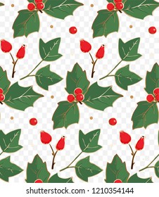 Ink, pencil, vector plant  seamless pattern.Transparent background. Hand drawn nature painting. Freehand sketching illustration. Branch of Holly with berries