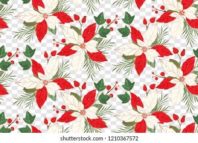 Ink, pencil, vector plant  seamless pattern.Transparent background. Hand drawn nature painting. Freehand sketching illustration. Branch of Holly with berries