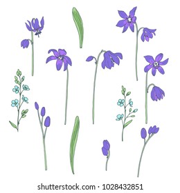 Ink, pencil, vector snowdrop sketch. Line art background. Hand drawn nature painting. Freehand sketching illustration. Ink wash painting