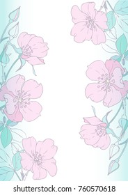 Ink, pencil, vector wild rose sketch. Line art background. Hand drawn nature painting. .