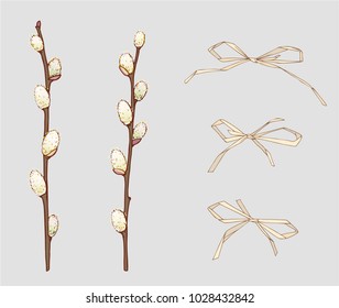 Ink, pencil, vector willow branches sketch. Line art background. Hand drawn nature painting. Freehand sketching illustration. Ink wash painting