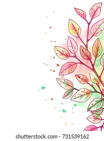 Ink, pencil, watercolor autumn tree branch sketch.Transparent background. Hand drawn nature painting. Freehand sketching illustration. 
