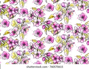 Ink, pencil, watercolor  the leaves and flowers of apple seamless  pattern. Line art transparent background. Hand drawn nature painting. Freehand sketching illustration. 