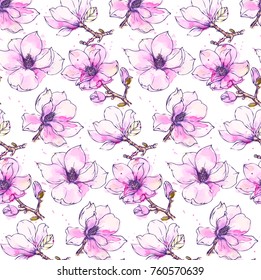 Ink, Pencil, Watercolor  The Leaves And Flowers Of Magnolia Seamless  Pattern. Line Art Transparent Background. Hand Drawn Nature Painting. Freehand Sketching Illustration. 