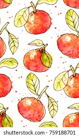 Ink, pencil, watercolor  the leaves and the fruit of the Mandarin seamless  pattern. Line art transparent background. Hand drawn nature painting. Freehand sketching illustration. 
