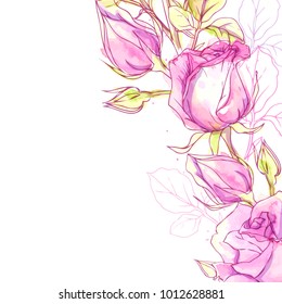 Ink, pencil, watercolor Rose sketch. Line art background. Hand drawn nature painting. Freehand sketching illustration. Ink wash painting