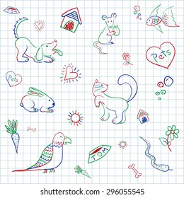 ink pets sketches on paper - cat, rabbit, dog, parrot and a rat