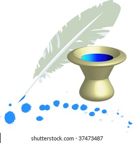 Ink pot and feather with blue splashes on white background, illustration vector