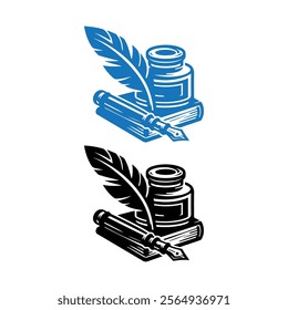 Ink pot, feather, book, pen silhouettes with white background