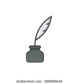 Ink pot and feather flat line colored icon.
