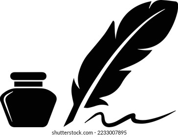 Ink pot and feather, vector symbol isolated on white background