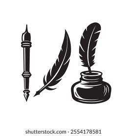 Ink pot pen feather vector illustration, Ancient pen, inkwell and old ink pen silhouette 