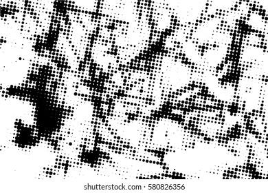  Ink Print Distress Background . Halftone Dots Grunge Texture. Vector. Black and white artistic illustration.