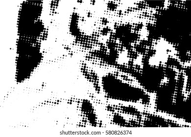  Ink Print Distress Background . Halftone Dots Grunge Texture. Vector. Black and white artistic illustration.