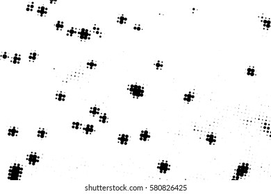  Ink Print Distress Background . Halftone Dots Grunge Texture. Vector. Black and white artistic illustration.