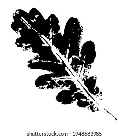 Ink print oak leaves. Black ink prints of leaves of trees and bushes on a white background. Isolated traced vector objects.