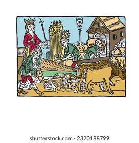INK PRINTING OF THRESHING WHEAT AND FLOUR HARVESTING, ANCIENT STYLE WITH TRACING