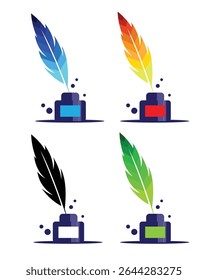 Ink and Quill Feather Pen Flat Style Isolated on White Different Colors. Writing and writer tools for art and creativity vector