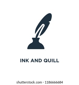 Ink And Quill Icon. Black Filled Vector Illustration. Ink And Quill Symbol On White Background. Can Be Used In Web And Mobile.
